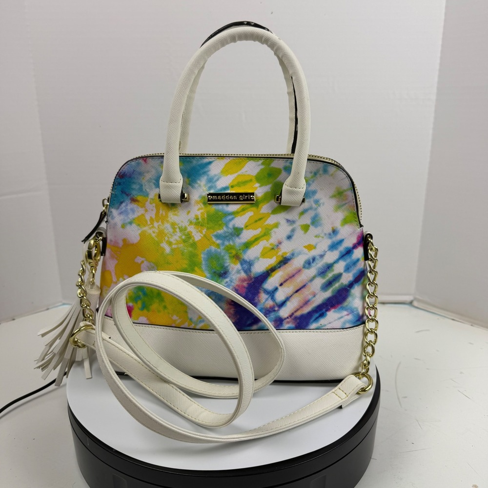 Madden Girl Tie Dye Dome Satchel Handbag White Multi Crossbody Bag Tassel Gold